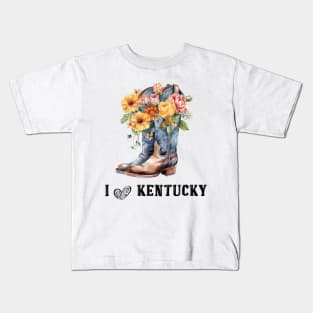 I Love Kentucky Boho Cowboy Boots with Flowers Watercolor Art Kids T-Shirt